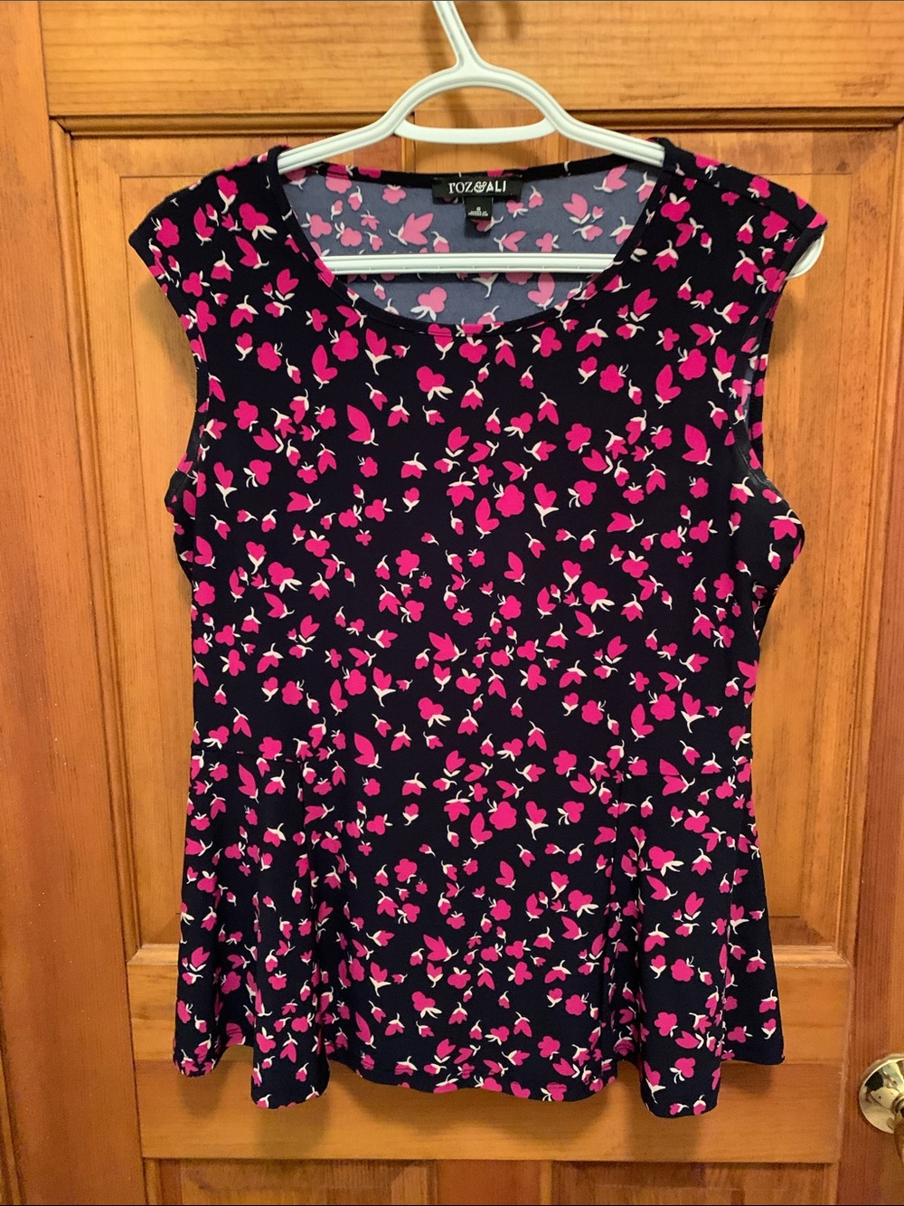 Roz & Ali Navy Sleeveless Peplum Top with Pink Floral Print